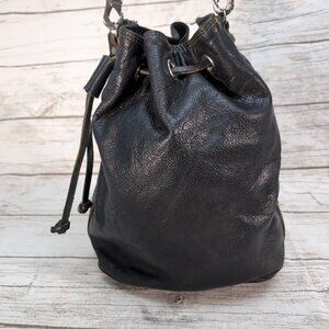Rugby Bags Black Leather Vintage Made in Canada Draw String Bucket Bag